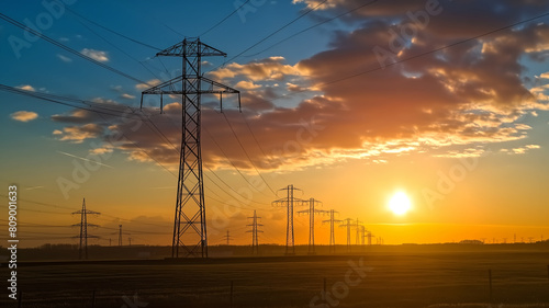 Stunning sunset sky with clouds backlit by the golden sun, silhouetting a row of electricity pylons stretching across a field. 