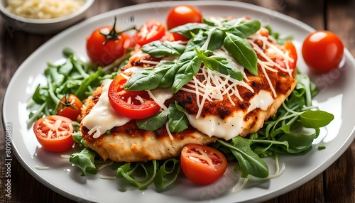 Healthy chicken parmesan topped with arugula, tomatoes and parmesan 