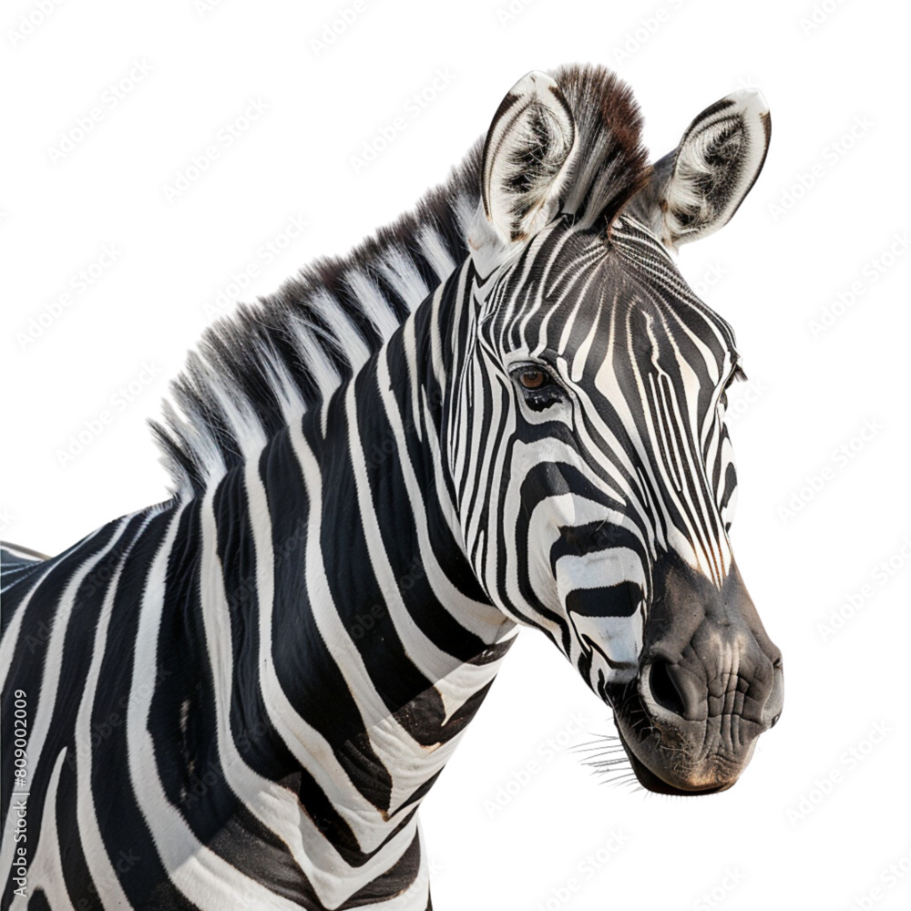 Fototapeta premium Realistic Zebra, striped horse, African savannah animal, striped hide, line pattern. Wild animal, cute character, isolated object on white background, vector.