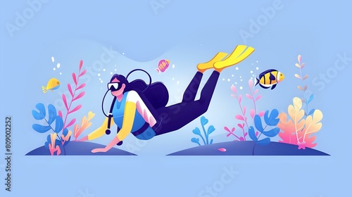 Playful Fish and Sea Turtles with Scuba Diving Woman