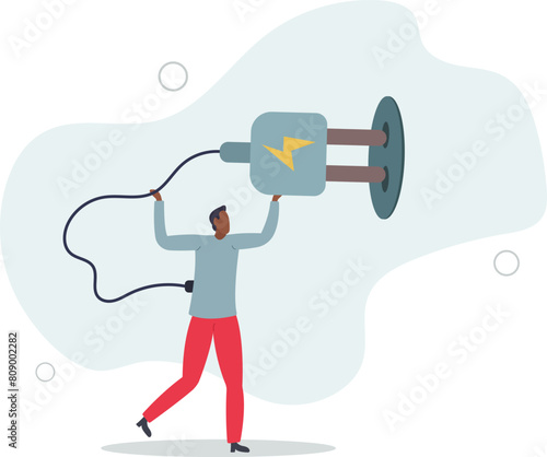 exhausted overworked businessman plug electric to recharge energy.flat vector illustration.