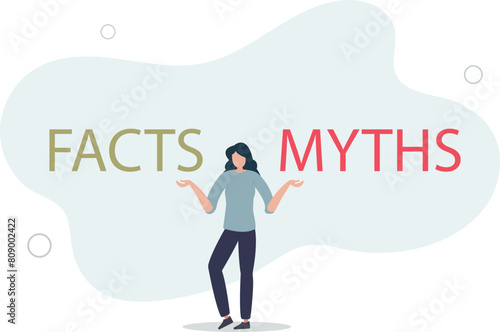 confused and doubtful businesswoman thinking with curiosity compare between facts or myths.flat vector illustration.