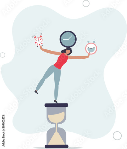 businesswoman balancing all time pieces, sandglass, alarm clock, countdown timer.flat vector illustration.