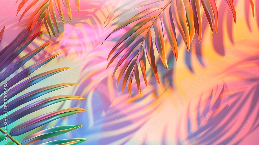 Obraz premium Vibrant Holographic Gradient Tropical Palm Leaves Abstract Concept Art Imagery