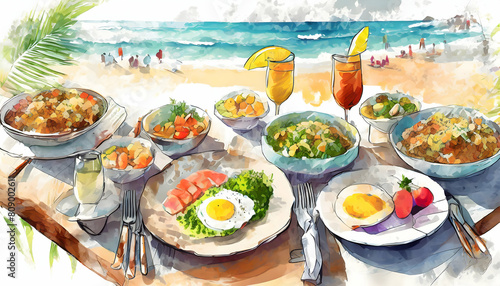 Joyful Happiness Beach Cheers Celebration Friendship Summer Fun Dinner Concept. © Watercolor_Concept