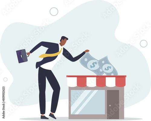 businessman hand funding by put coin into small business store.flat vector illustration.