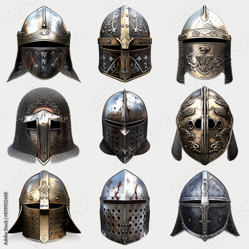 Knight warrior helmet, heraldry armor of medieval soldier, ancient roman gladiator or spartan fighter. Vector great helm or armet with visor, old metal armor front view of trojan army warrior