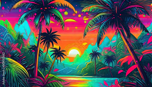 Neon tropical jungle large foliage banner on digital art concept.