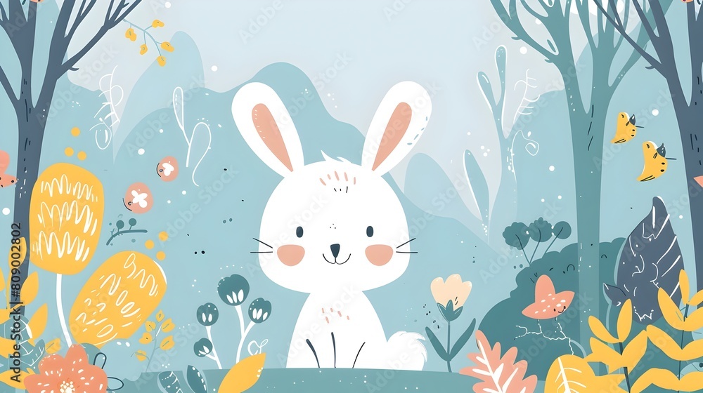 Adorable White Rabbit with Syringe Head in Whimsical Woodland Scene for Children's Products Adorable White Rabbit with Syringe Head in Whimsical Woodland Scene for Children's Products