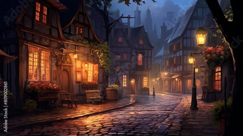 Atmospheric illustration of a quaint village street at night.