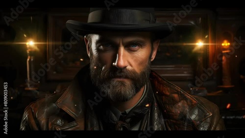 Portrait of a Bearded Old Cowboy Wearing a Hat against a Dark Background. Wild Western Man. Seamless Looping 4k Video Animation photo