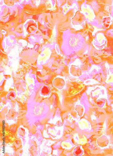 Peach fuzz trendy colors abstract watery seamless pattern with watercolor spotes. Forecasting fashion rapport with peach, pink, orange blurred vision spots and dots. photo