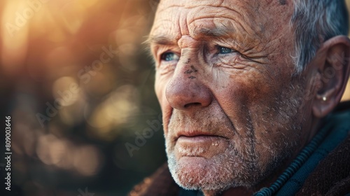 Aged Man with Deep Gaze, Autumn Light Backdrop