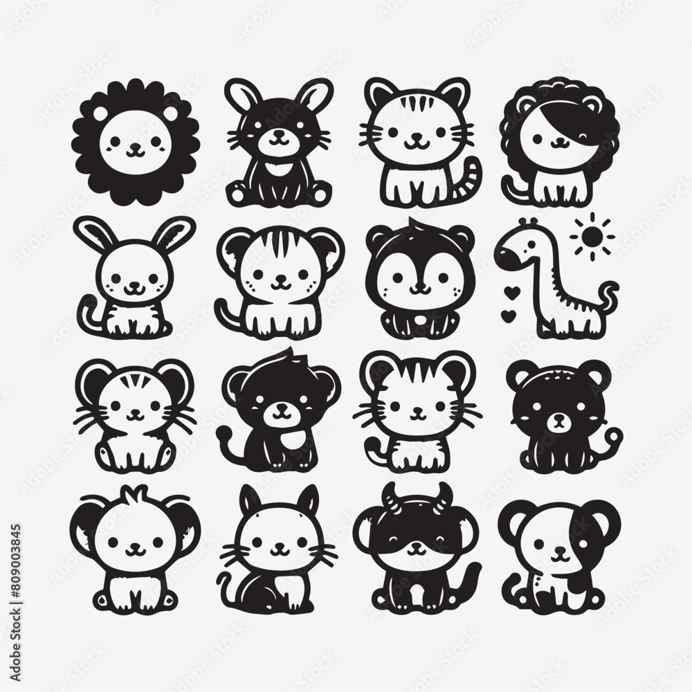 Set of cute animals vector Silhouette Illustration. isolated black silhouette of a cute animal, collection icon set, vector Set of cute animals vector Silhouette Illustration. isolated black silhouette of a cute animal, collection icon set, vector