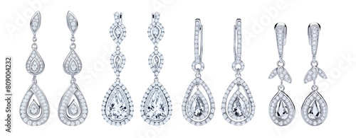 Set of beautiful teardrop bridal dangle earrings isolated on transparent background. Generative AI