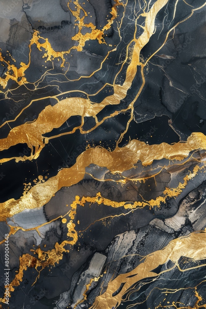 Artistic watercolor poster featuring a gold and black marble design, with metallic accents adding to its sophisticated and modern appeal Artistic watercolor poster featuring a gold and black marble design, with metallic accents adding to its sophisticated and modern appeal