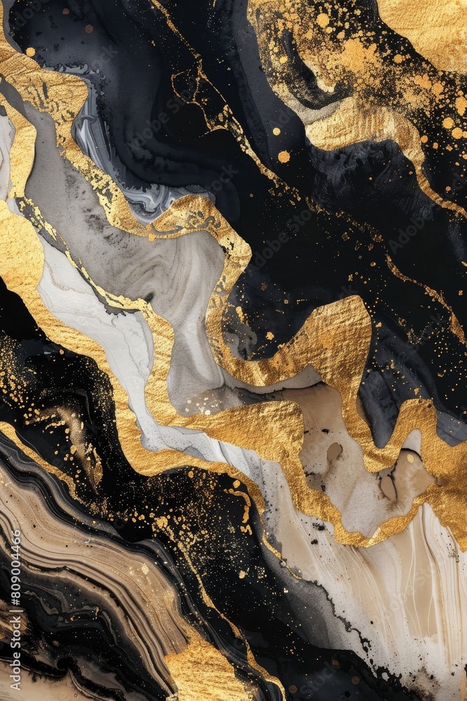 Obraz premium Artistic watercolor poster featuring a gold and black marble design, with metallic accents adding to its sophisticated and modern appeal