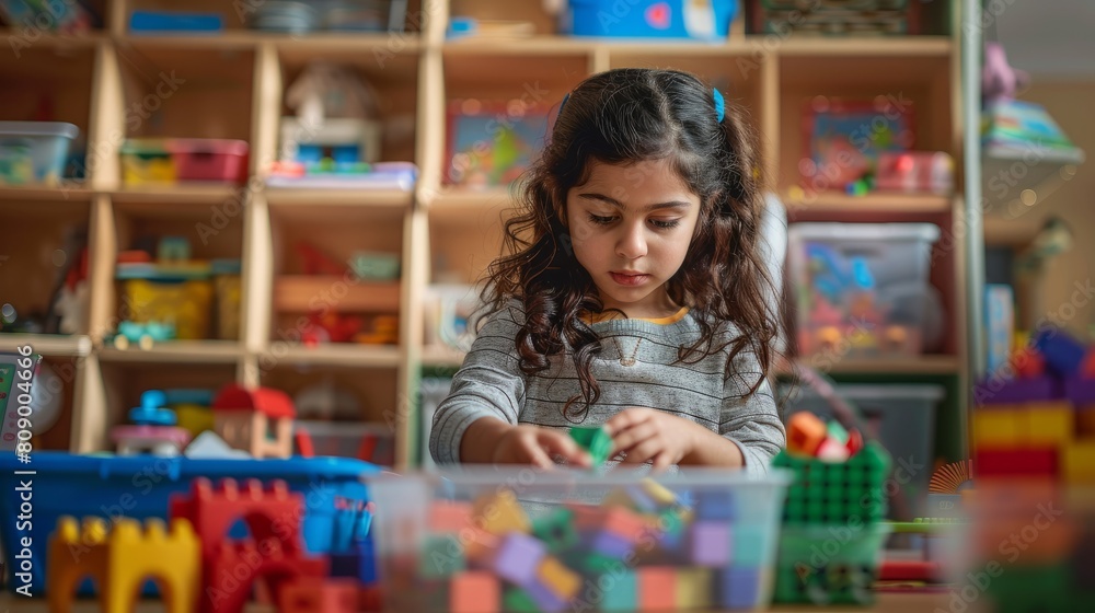 Focused Young Girl Playing with Building Blocks in Playroom