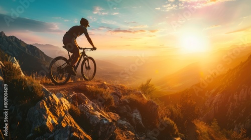 Mountain Bike Ascent: Cyclist Against Sunset Backdrop