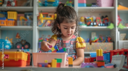 Little Girl Sorting Toys in Her Colorful Playroom