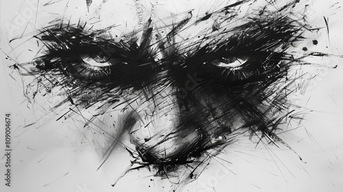 A stark black and white charcoal sketch of a face with dramatic  dark eyes and sharp lines  suitable for a modern art gallery promotional poster