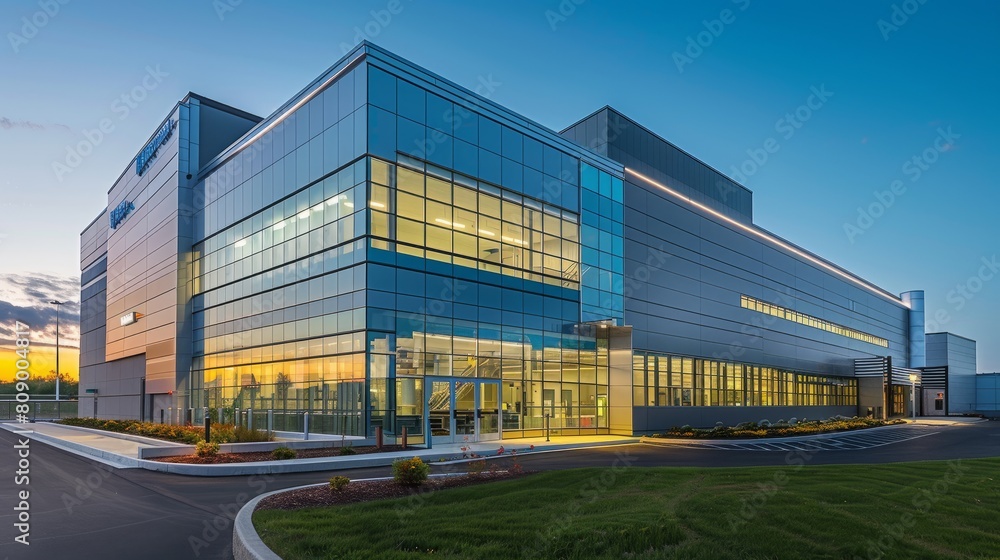 Twilight Panorama of a High-Tech Pharma Manufacturing Building