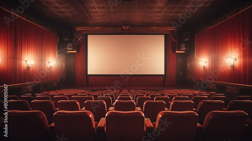 Vintage cinema hall with luxurious red velvet seats and dimmed wall sconces, ready for a movie screening.

