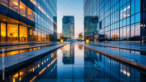 Reflective Glass Facade of Modern Office Buildings at Dusk