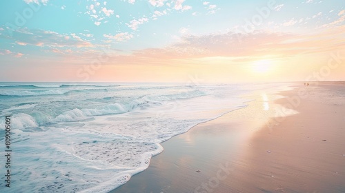 Pastel Dawn Light at Seaside  Gentle Waves on Shore