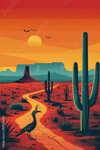 A desert landscape with a road and a bird walking on it