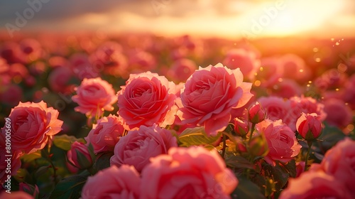 A Vibrant Field of Blooming Roses Bathed in Warm Sunset Glow