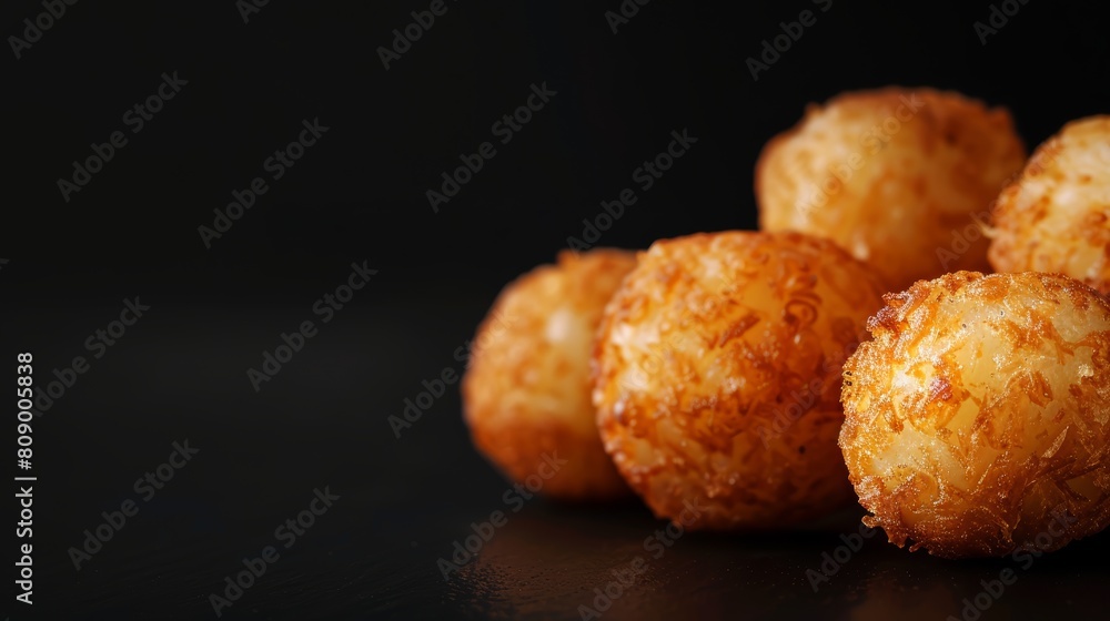 Elegant Appetizer Arrangement, Close-up view of an elegant arrangement of crispy cheese or potato balls, each piece carefully positioned to catch light against a black surface Elegant Appetizer Arrangement, Close-up view of an elegant arrangement of crispy cheese or potato balls, each piece carefully positioned to catch light against a black surface