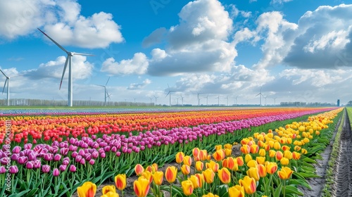 Colorful tulips field blooming with integrated wind turbines and solar panels  a vision of clean electricity and a greener future