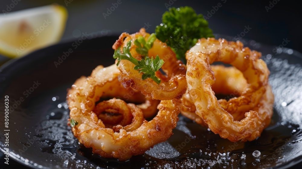 Fresh and Crispy Calamari, Portrait of fresh, crispy calamari rings, enhanced with a splash of lemon, served on a sleek black dish to focus all attention on the meal Fresh and Crispy Calamari, Portrait of fresh, crispy calamari rings, enhanced with a splash of lemon, served on a sleek black dish to focus all attention on the meal