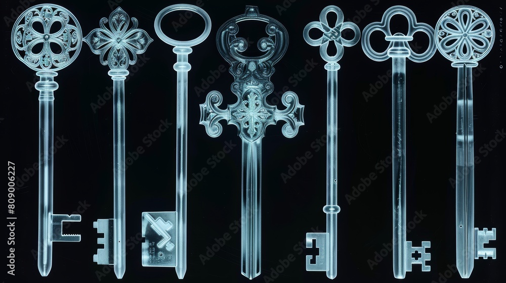 Heirloom Key Array in X-ray, An arrangement of heirloom keys with elaborate bows and long shafts, their internal mechanisms visible in this X-ray scan, set against black Heirloom Key Array in X-ray, An arrangement of heirloom keys with elaborate bows and long shafts, their internal mechanisms visible in this X-ray scan, set against black
