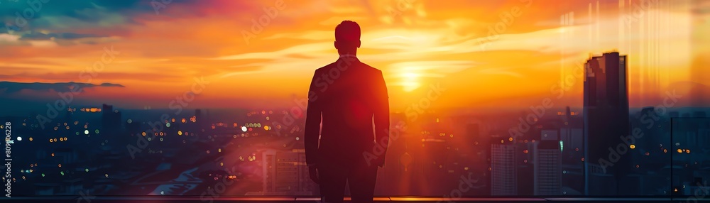 Backlit investor silhouette with a golden glow at sunrise, sharp contrast against a vibrant colored sky