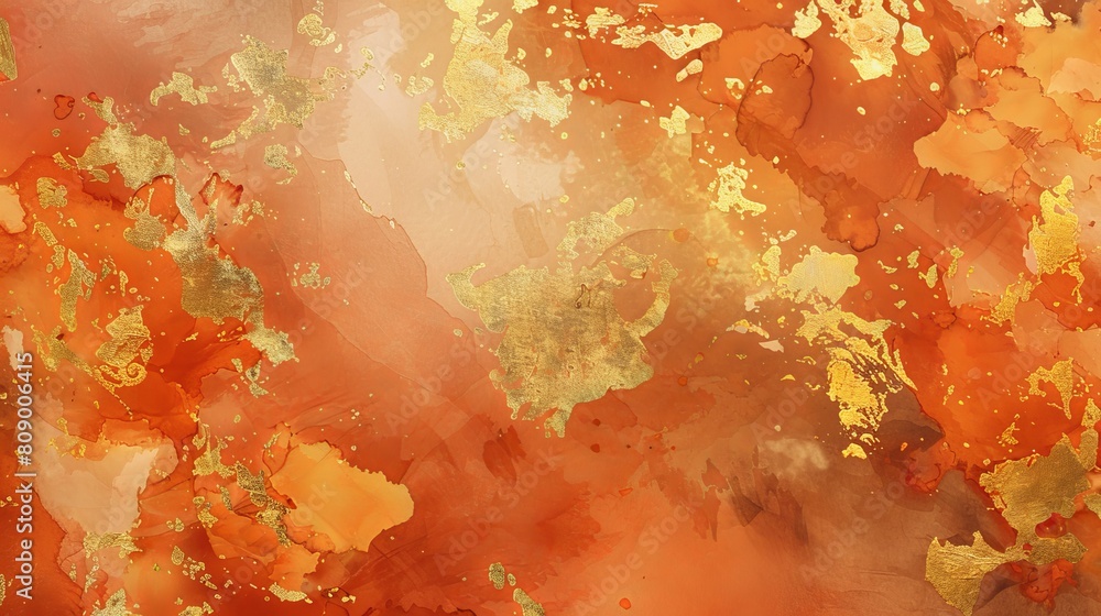 Dynamic watercolor prompt combining rich orange hues with luxurious gold leaf accents, autumn tones blending seamlessly for a luxury wallpaper