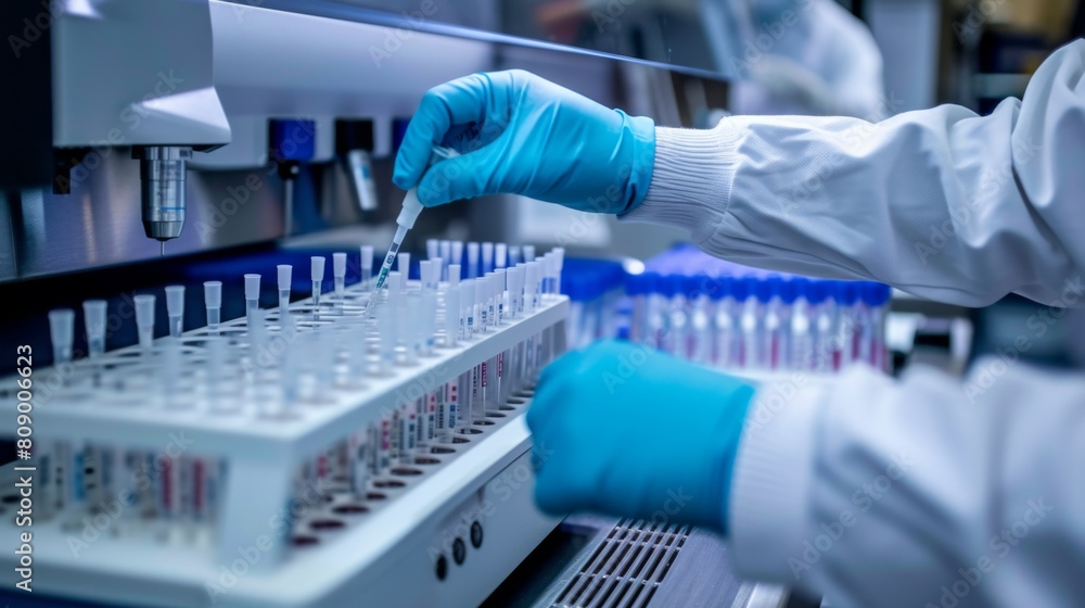 Laboratory worker working with complex equipment such as ELISA reader or PCR machine Laboratory worker working with complex equipment such as ELISA reader or PCR machine