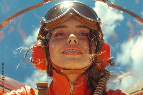 Enchanting illustration portrays young girl pilots in vintage flight suits navigating a classic aircraft through sky adorned with fluffy clouds, capturing ssence of youthful aviation adventure. photo