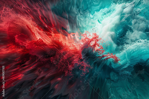 A dynamic and intense collision of crimson red and deep aqua waves, their meeting point marked by a spectacular burst of color and energy. photo