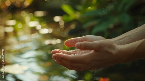 Hands against the backdrop of calm nature near a flowing stream