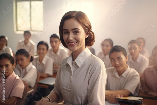Female teacher looking at camera. Classroom with a students on background.