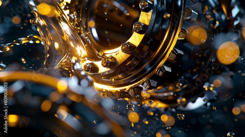 High-detail rendering of a metal bearing in close-up, with dynamic oil splashes against a dark background, illustrating machinery lubrication and maintenance photo