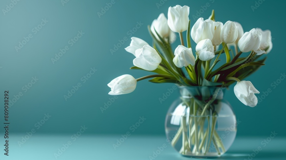 Exquisite close-up of white tulips in a transparent glass vase, carefully isolated on a calming blue background under studio lights Exquisite close-up of white tulips in a transparent glass vase, carefully isolated on a calming blue background under studio lights