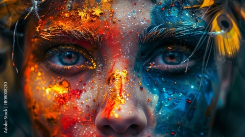 Explore the concept of nature and human unity with face art incorporating elements like water, fire, and air in a documentary photography style