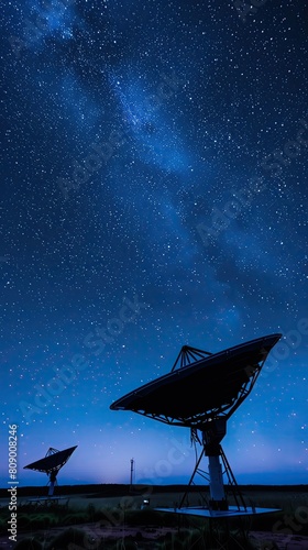 Satellite dish farm under a starlit sky, technology connecting remote areas to the digital world