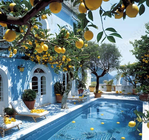 Swimming pool in the style of Moroccan Architecture in bright blue hammam, lemon tree, internal patio of the riad. Ornate Ceramic Tiles with Mosaic Blue House In Morocco © shustrilka