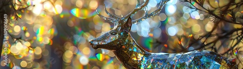 Lifesized glass deer in a forest setting, catching light to reflect a spectrum of colors photo