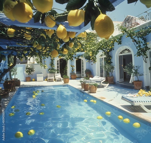 Swimming pool in the style of Moroccan Architecture in bright blue hammam, lemon tree, internal patio of the riad. Ornate Ceramic Tiles with Mosaic Blue House In Morocco photo
