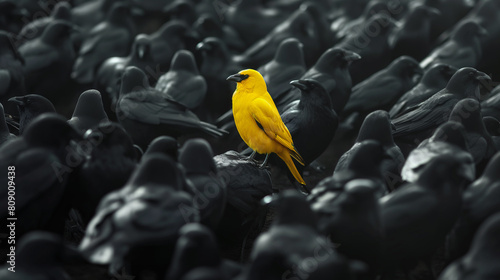 Corvo amarelo em meio a uma multidão de corvos pretos - wallpaper HD photo
